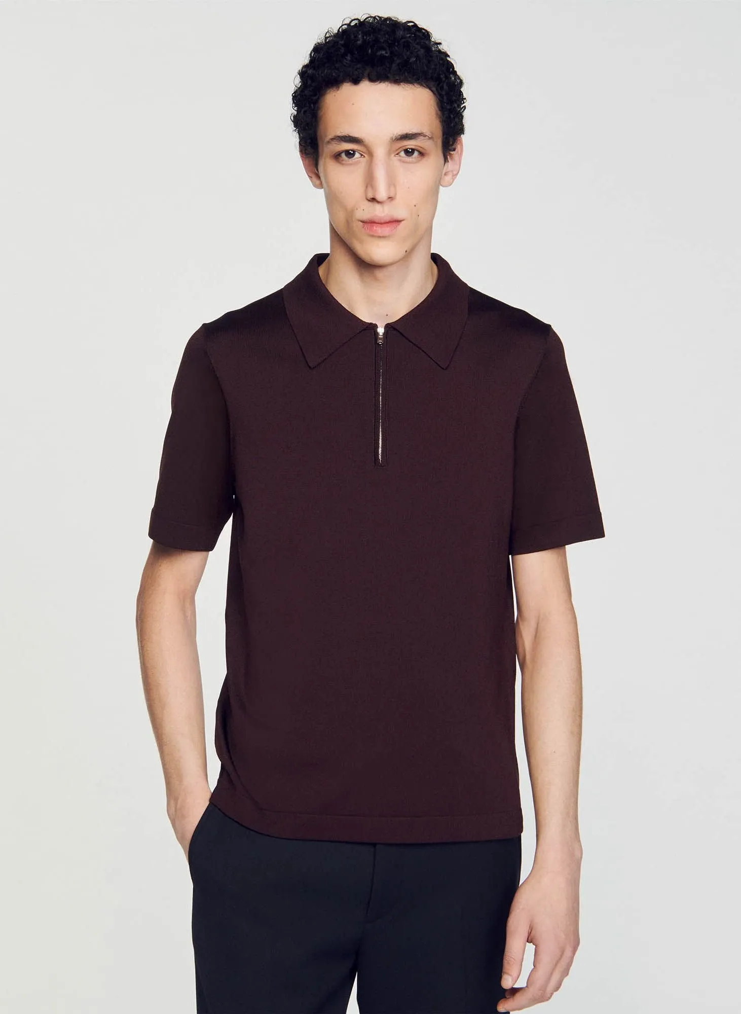 SANDRO  T-shirt manches courtes à col polo zippé - Marron